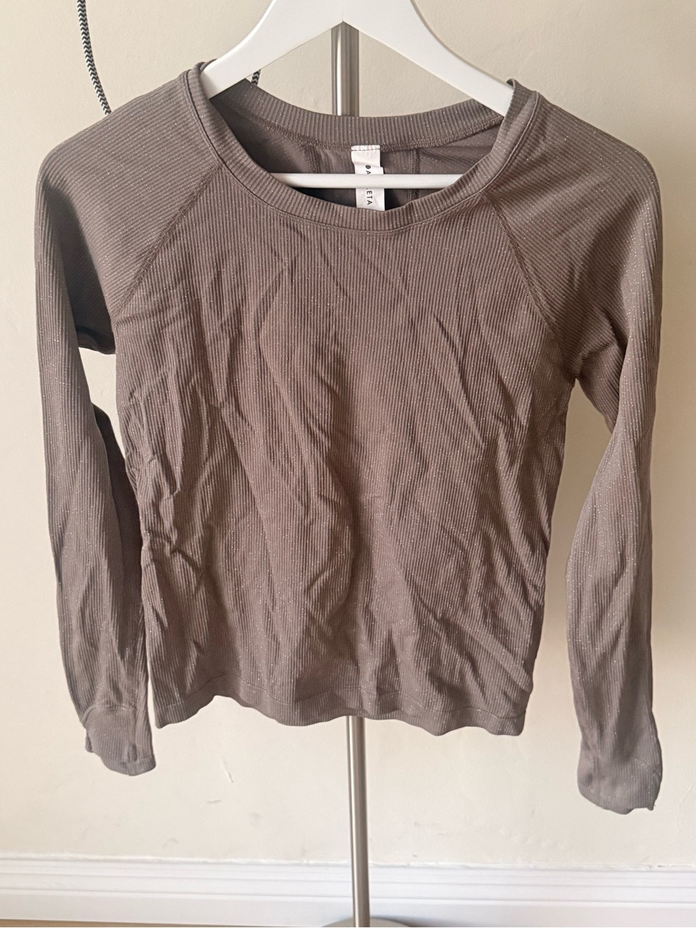 Athleta Long Sleeve Ribbed Shimmer Top in Taupe